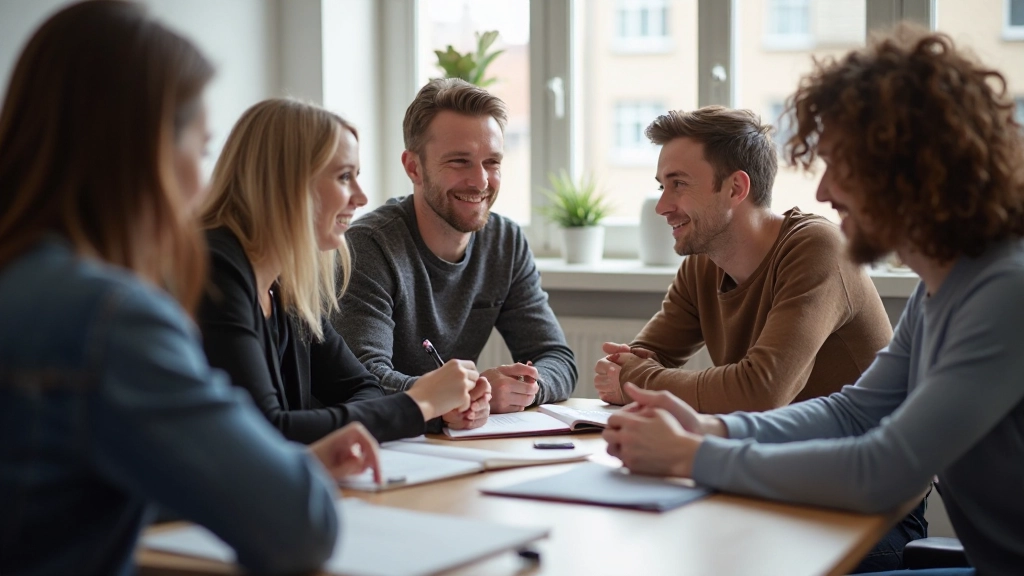 Diverse studiegroep die Nederlands samen oefent met interactieve spreekoefeningen