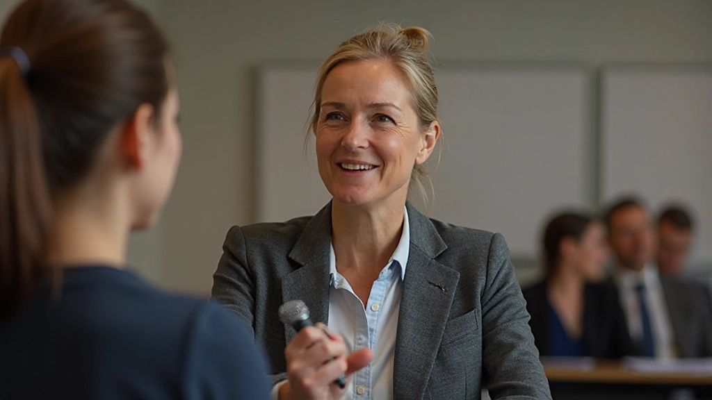 Trainer die student feedback geeft over Nederlandse uitspraak in klassieke lesruimte