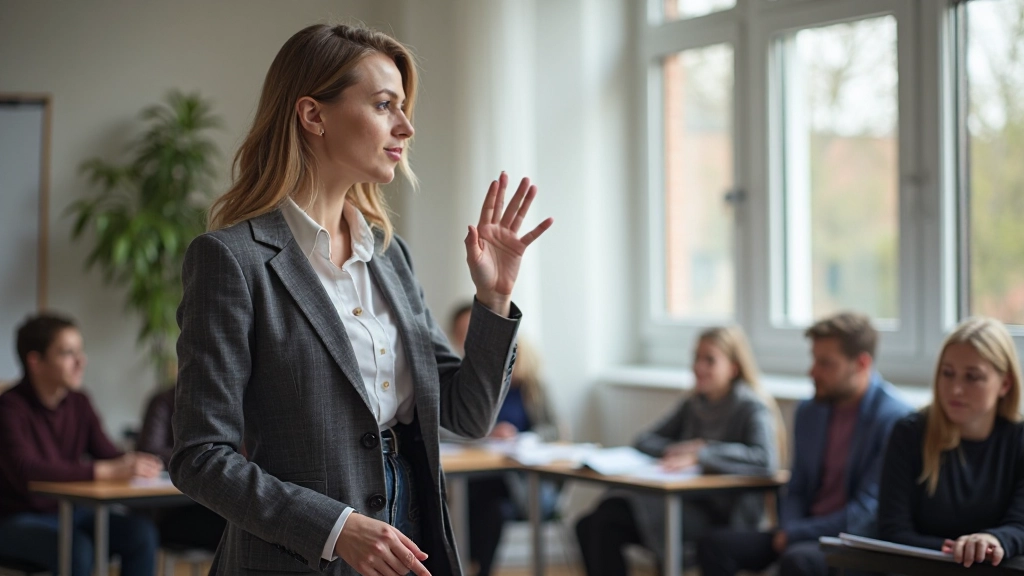 Professional taalleraar demonstreert correcte mondpositie voor Nederlandse vocalen in moderne klasruimte