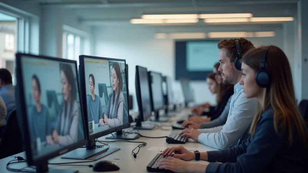 Moderne taallaboratorium setup met uitspraakoefensoftware en audiovisuele trainingstools in professionele educatieve omgeving