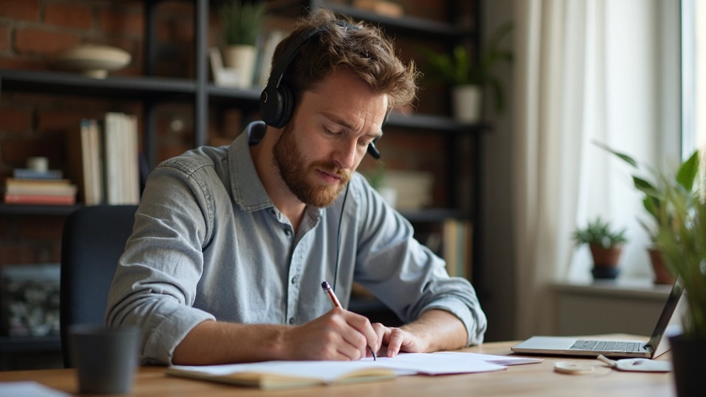 Man maakt aantekeningen terwijl hij naar Nederlandse audio luistert op laptop thuis