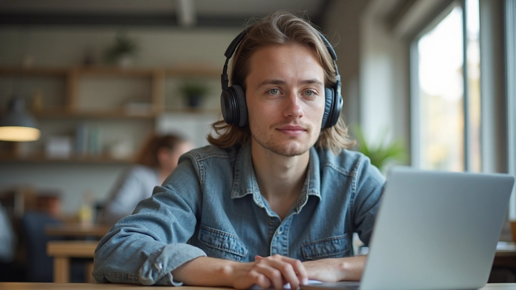 Student die actief luistert naar Nederlandse audio-inhoud met concentratie en notities