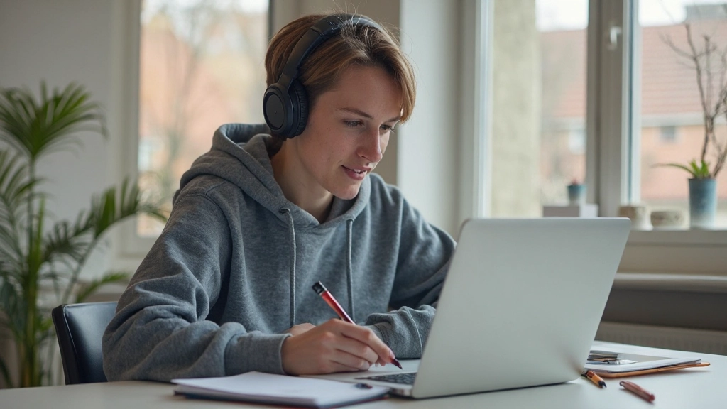Persoon luistert naar koptelefoon terwijl hij Nederlandse uitspraken uit een taalapp oefent