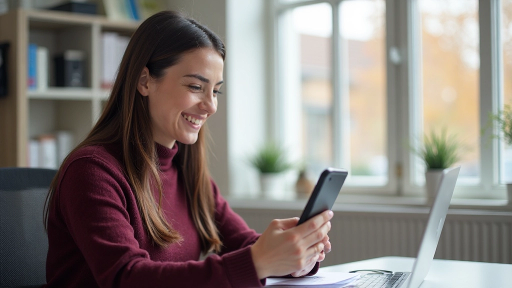 Vrouw controleert voortgang in luistertraining app op smartphone met grafieken
