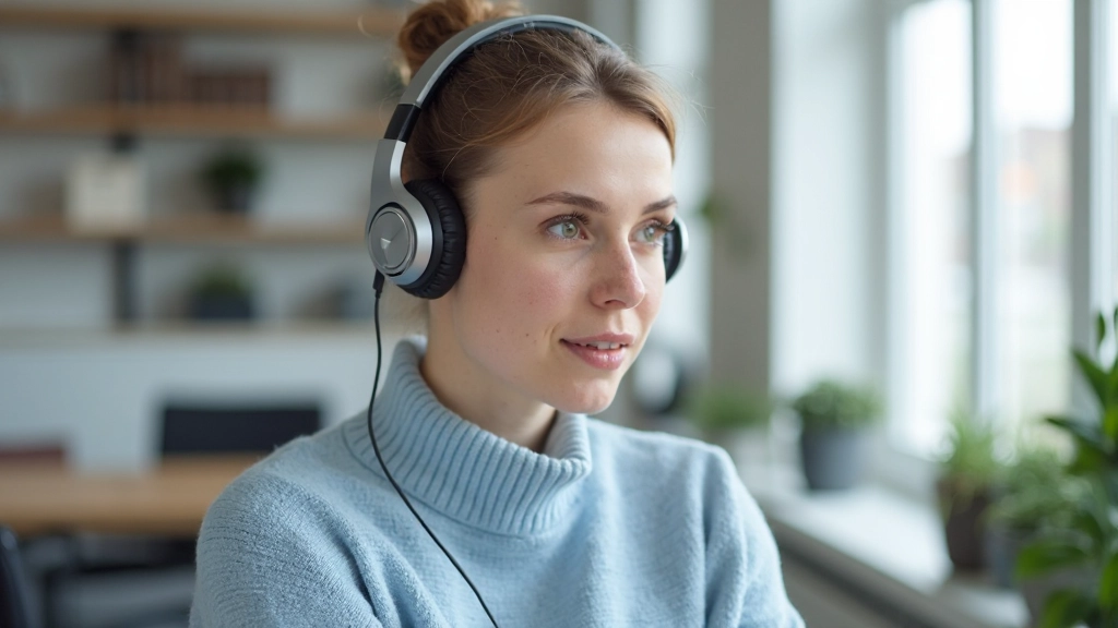 Vrouw met koptelefoon luistert naar Nederlands lesprogramma in modern kantoor